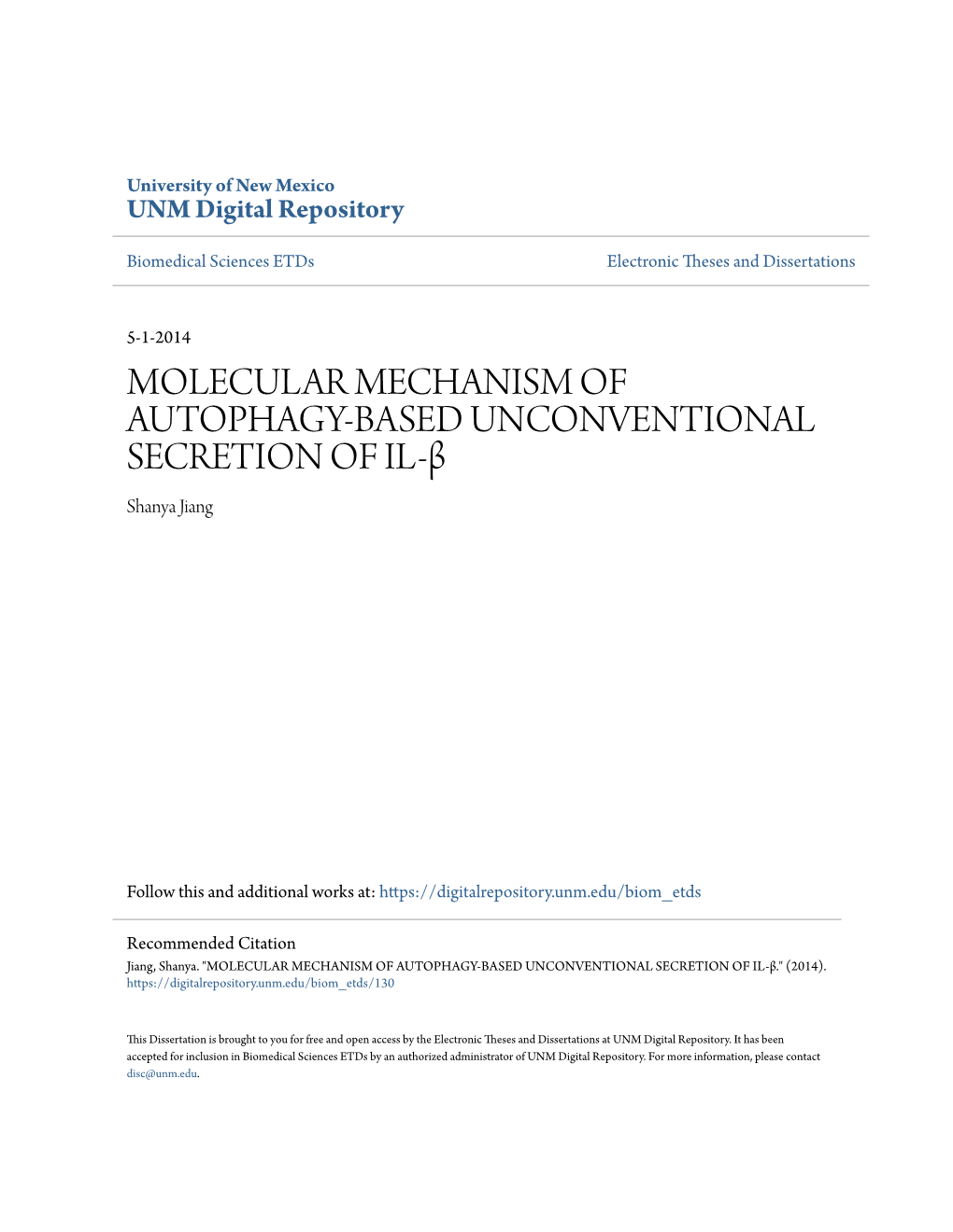 MOLECULAR MECHANISM of AUTOPHAGY-BASED UNCONVENTIONAL SECRETION of IL-Β Shanya Jiang