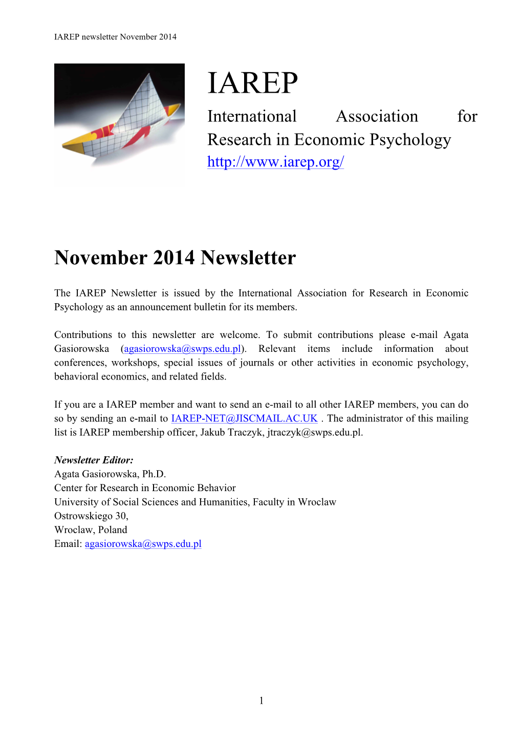 November 2014 IAREP International Association for Research in Economic Psychology