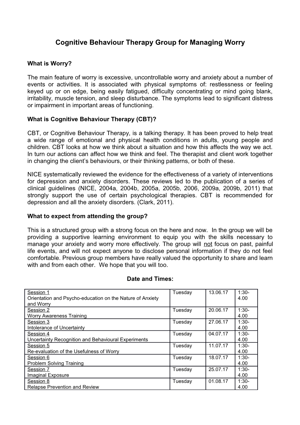 Cognitive Behaviour Therapy Group for Managing Worry