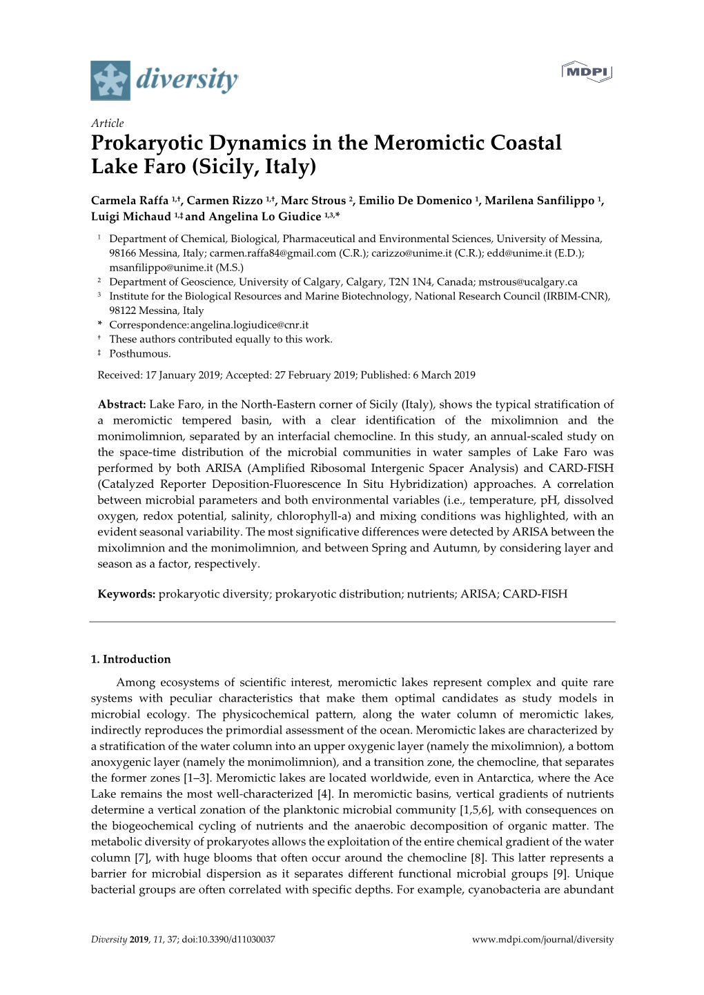 Prokaryotic Dynamics in the Meromictic Coastal Lake Faro (Sicily, Italy)