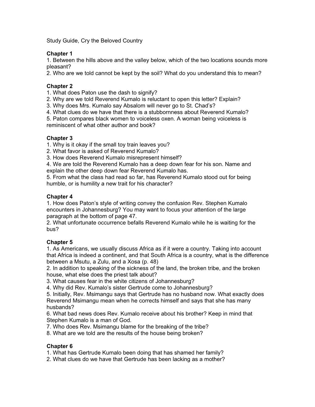 Study Guide, Cry the Beloved Country, Chapters 21-32