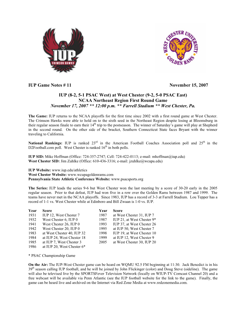 IUP Game Notes # 11 November 15, 2007