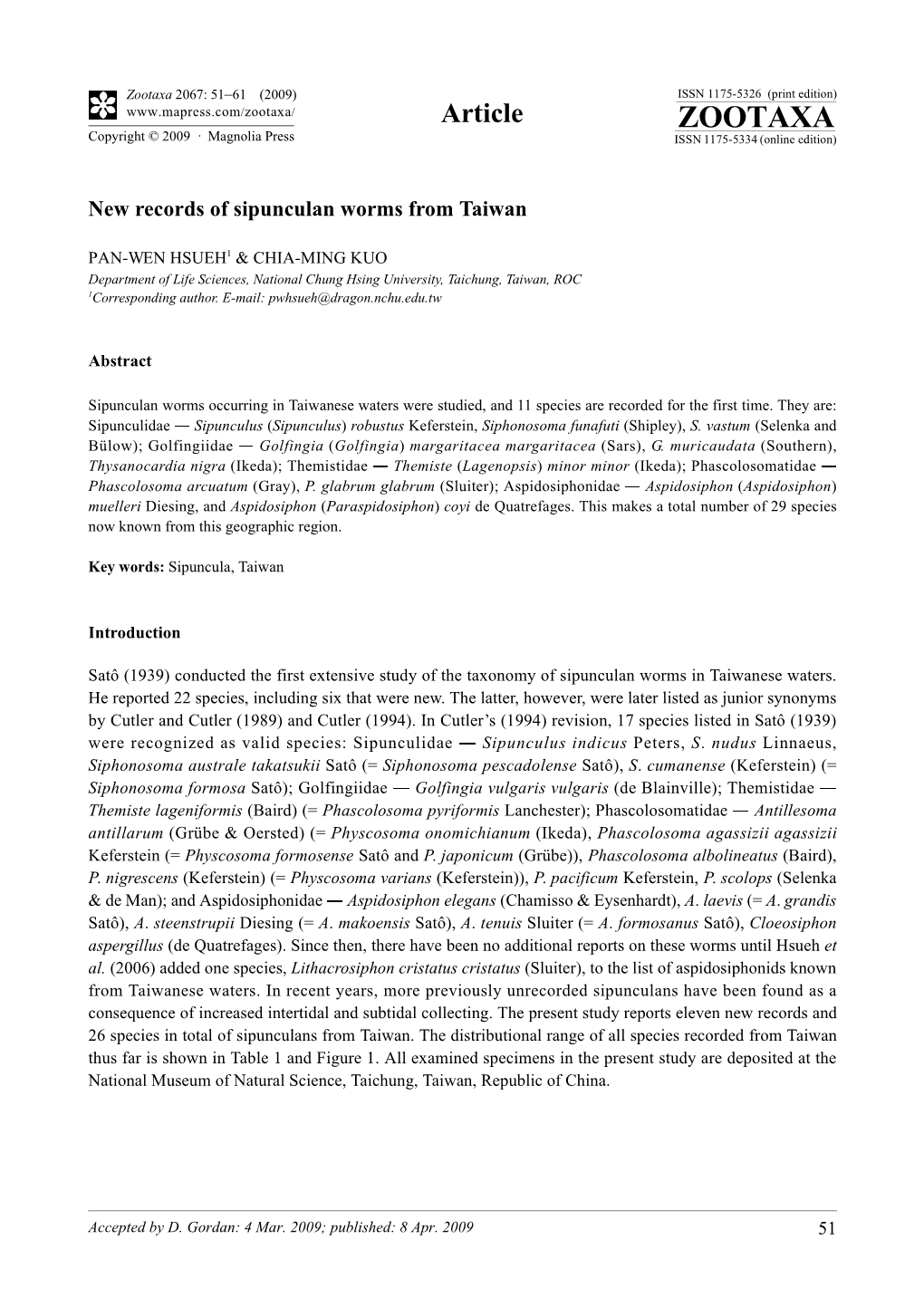 Zootaxa, New Records of Sipunculan Worms from Taiwan