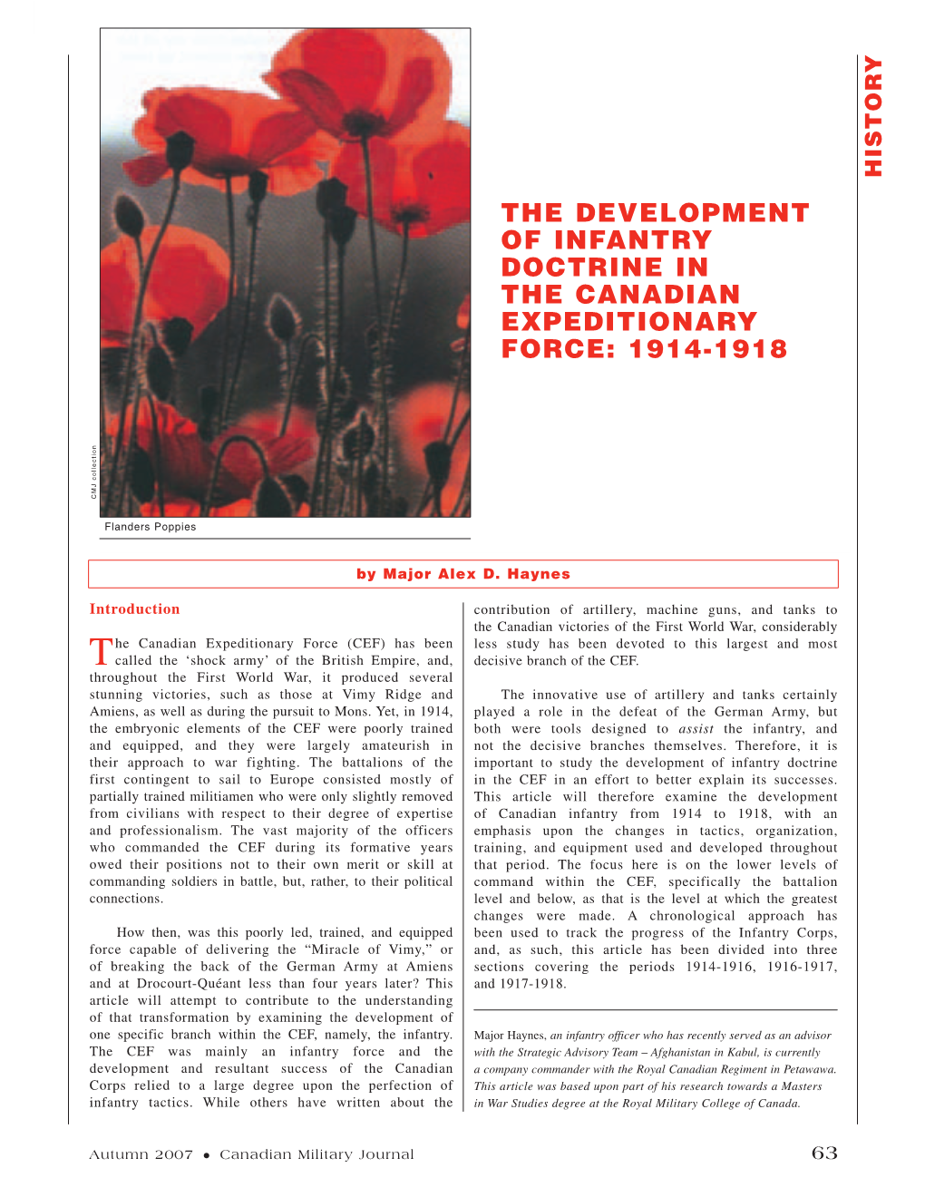 THE DEVELOPMENT of INFANTRY DOCTRINE in the CANADIAN EXPEDITIONARY FORCE: 1914-1918 CMJ Collection