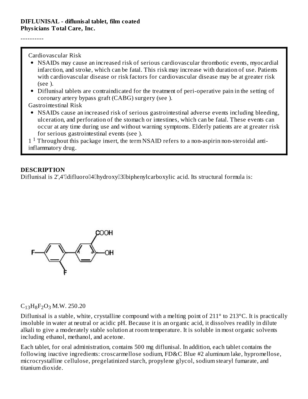 DIFLUNISAL - Diflunisal Tablet, Film Coated Physicians Total Care, Inc