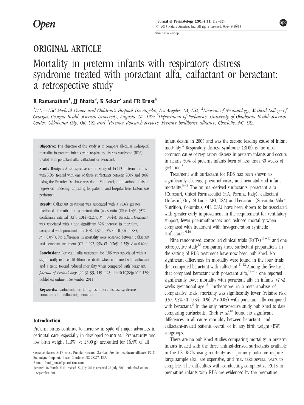 Mortality in Preterm Infants with Respiratory Distress Syndrome Treated with Poractant Alfa, Calfactant Or Beractant: a Retrospective Study