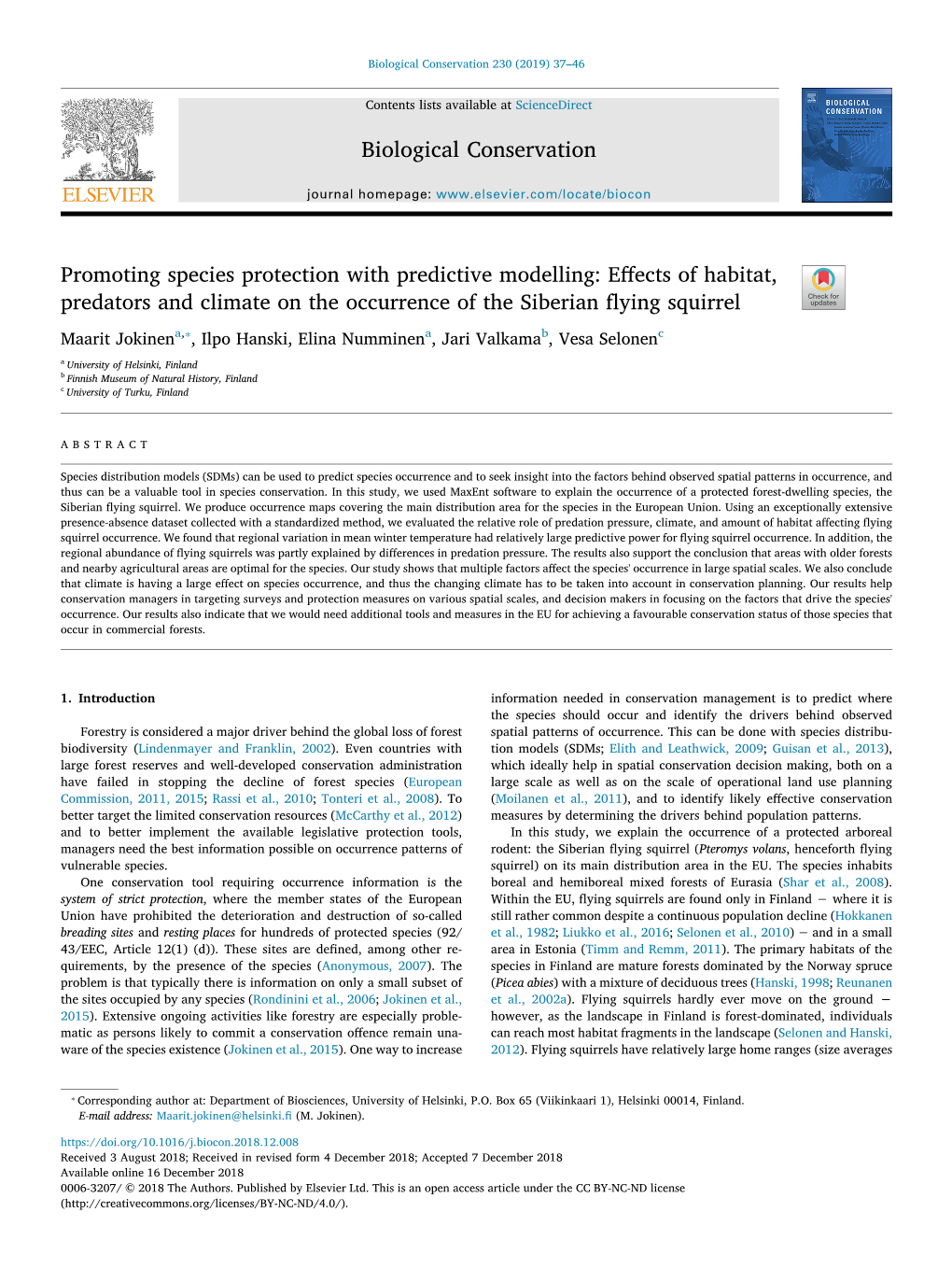 Biological Conservation 230 (2019) 37–46