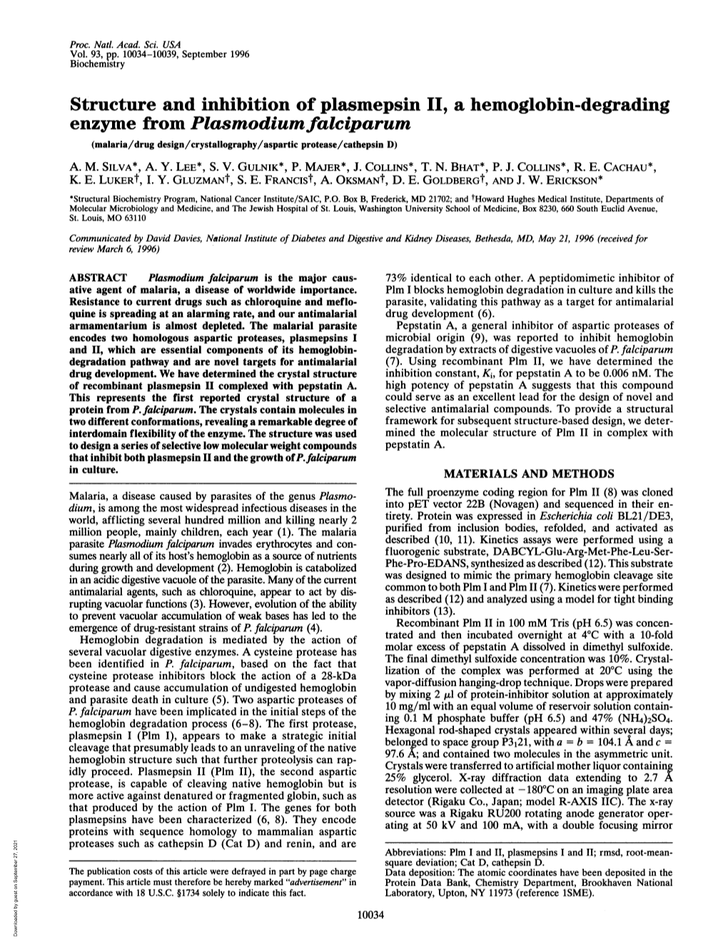 Structure and Inhibition of Plasmepsin II, a Hemoglobin-Degrading Enzyme