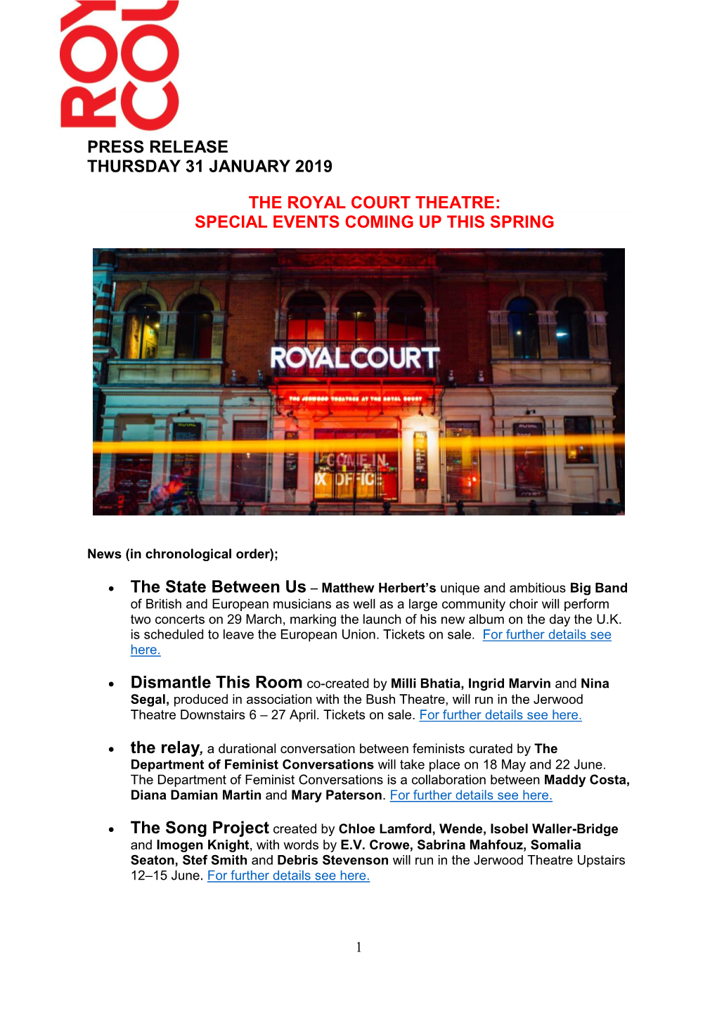 Press Release Thursday 31 January 2019 the Royal