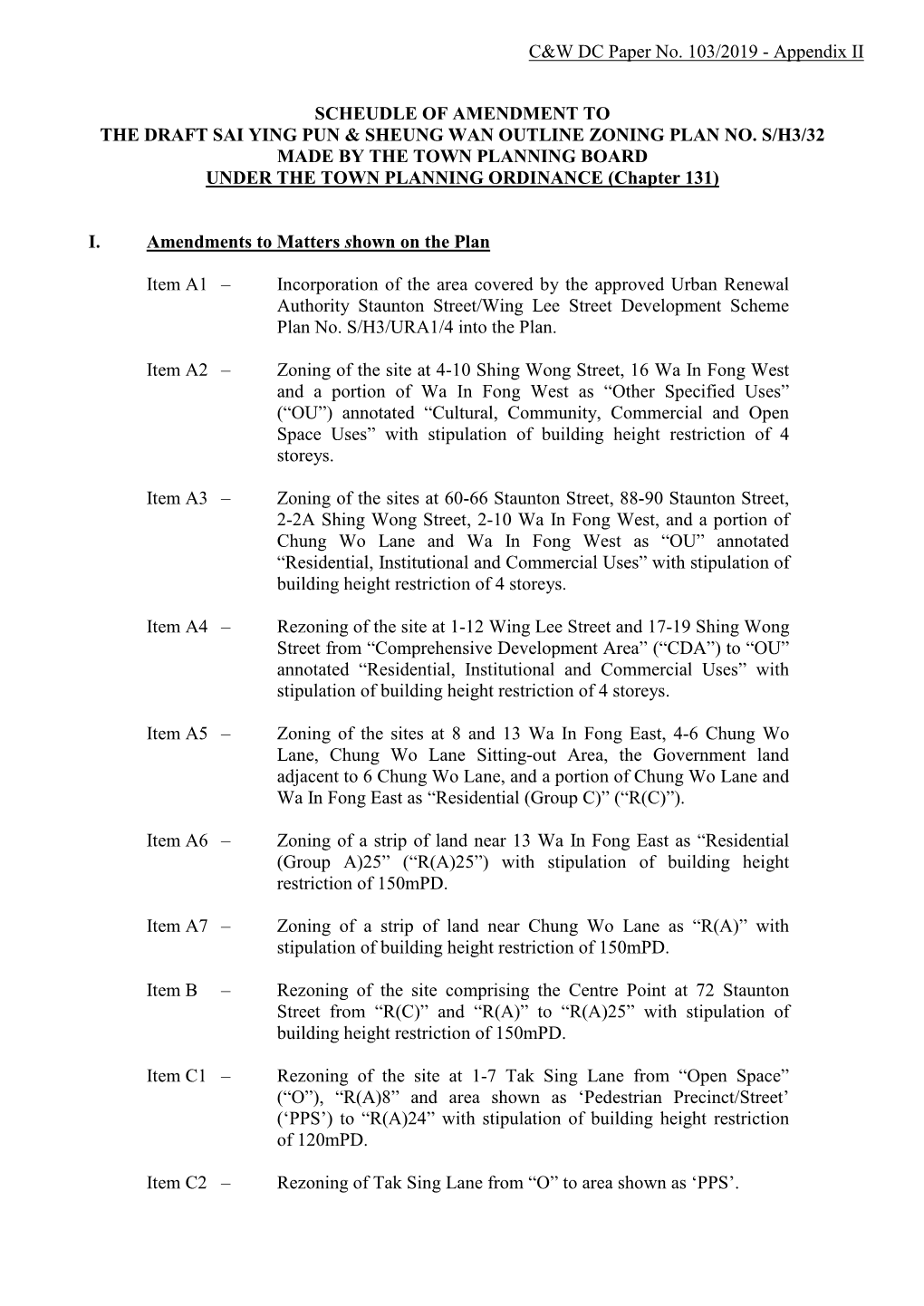 Scheudle of Amendment to the Draft Sai Ying Pun & Sheung Wan