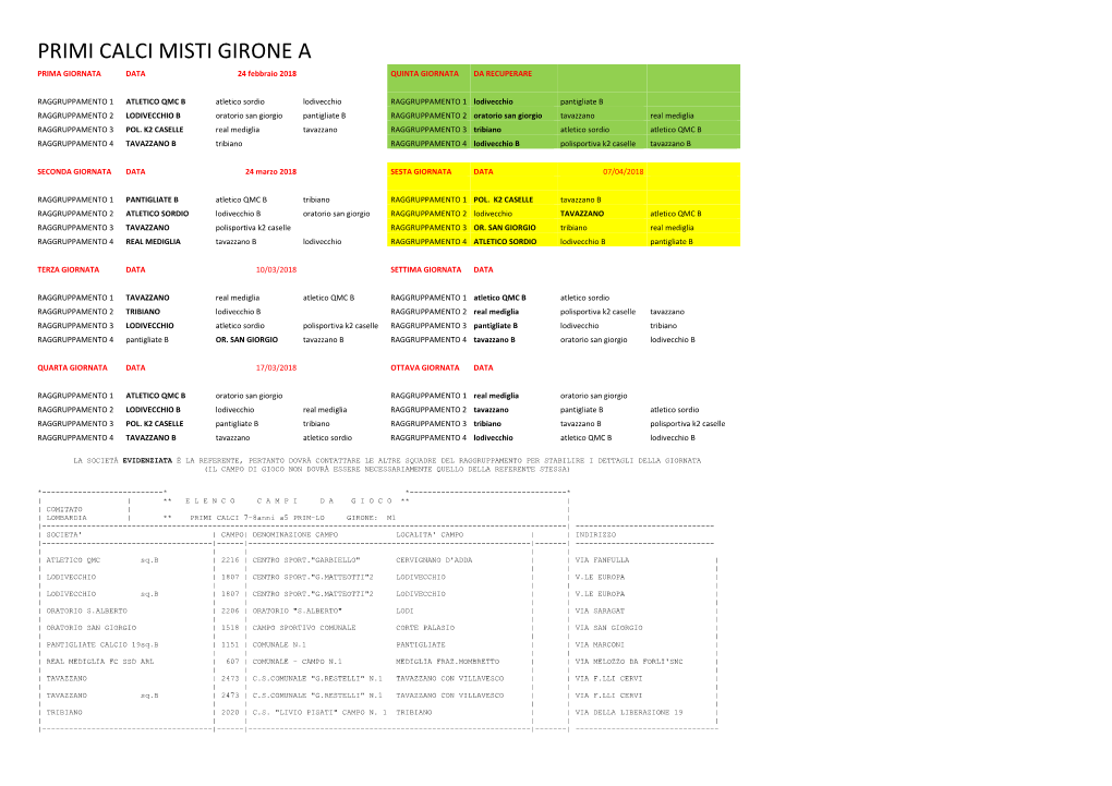 PRIMI CALCI MISTI GIRONE a PRIMA GIORNATA DATA 24 Febbraio 2018 QUINTA GIORNATA DA RECUPERARE