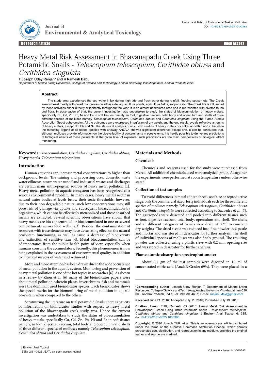 Heavy Metal Risk Assessment in Bhavanapadu Creek Using Three