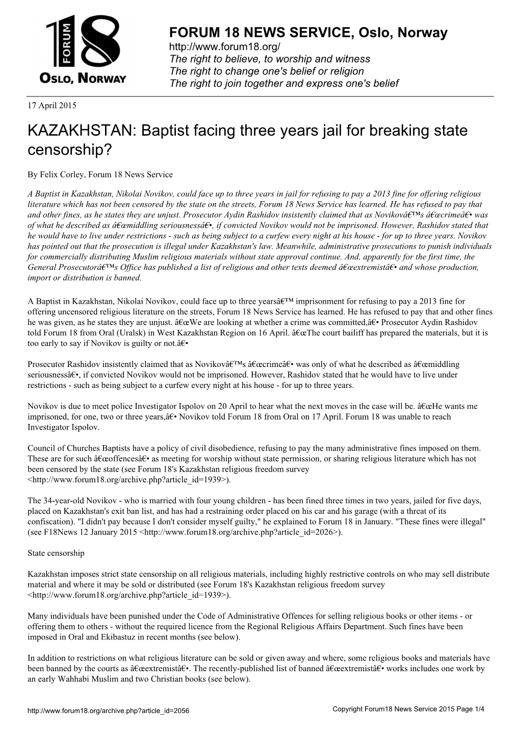 KAZAKHSTAN: Baptist Facing Three Years Jail for Breaking State Censorship?