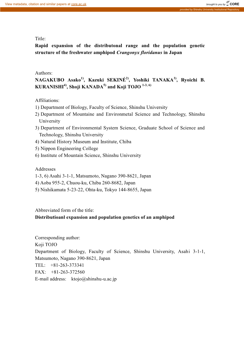 Rapid Expansion of the Distributonal Range and the Population Genetic Structure of the Freshwater Amphipod Crangonyx Floridanus in Japan