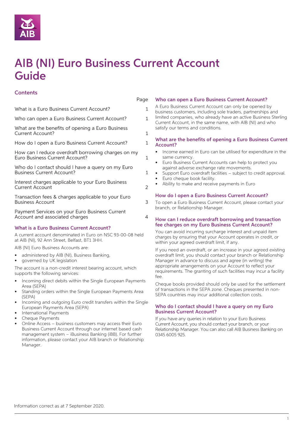 AIB (NI) Euro Business Current Account Guide