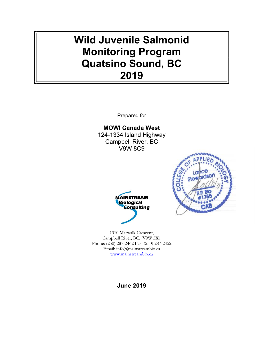 Wild Juvenile Salmonid Monitoring Program Quatsino Sound, BC 2019