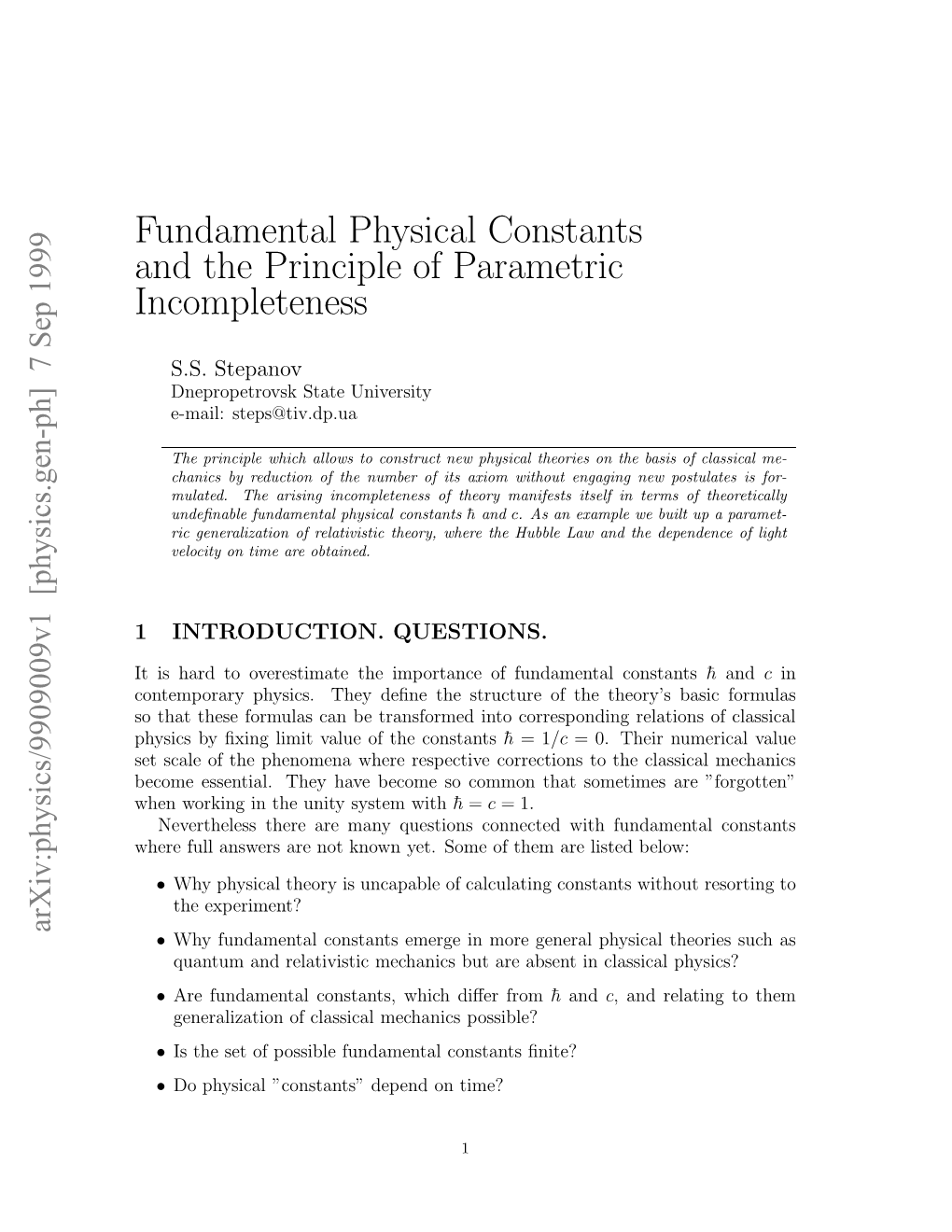 Fundamental Physical Constants and the Principle of Parametric