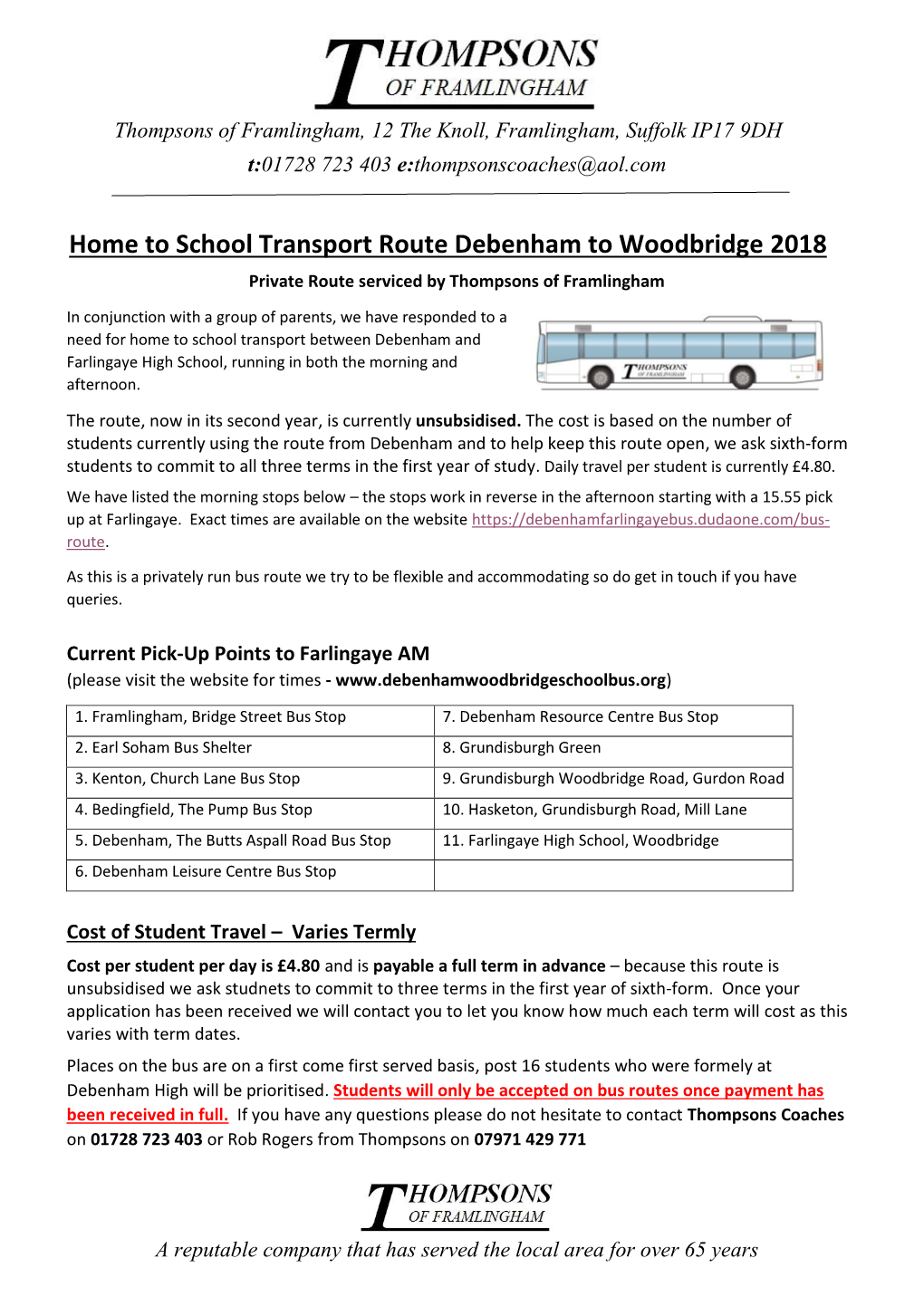 Home to School Transport Route Debenham to Woodbridge 2018 Private Route Serviced by Thompsons of Framlingham