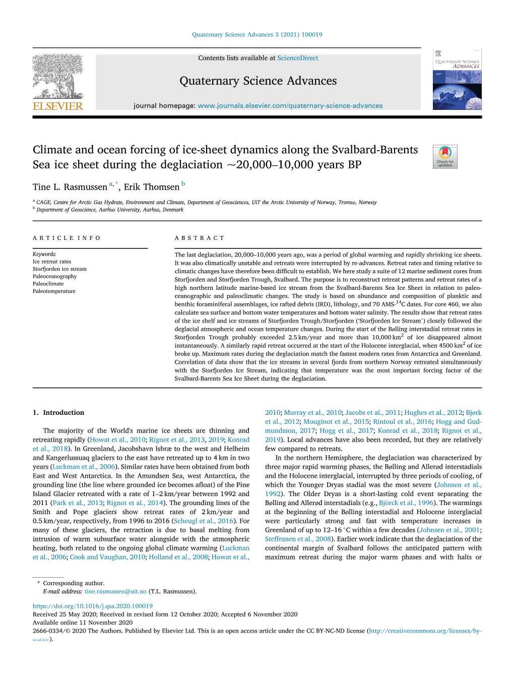 Climate and Ocean Forcing of Ice-Sheet Dynamics Along the Svalbard-Barents Sea Ice Sheet During the Deglaciation ~20,000–10,000 Years BP