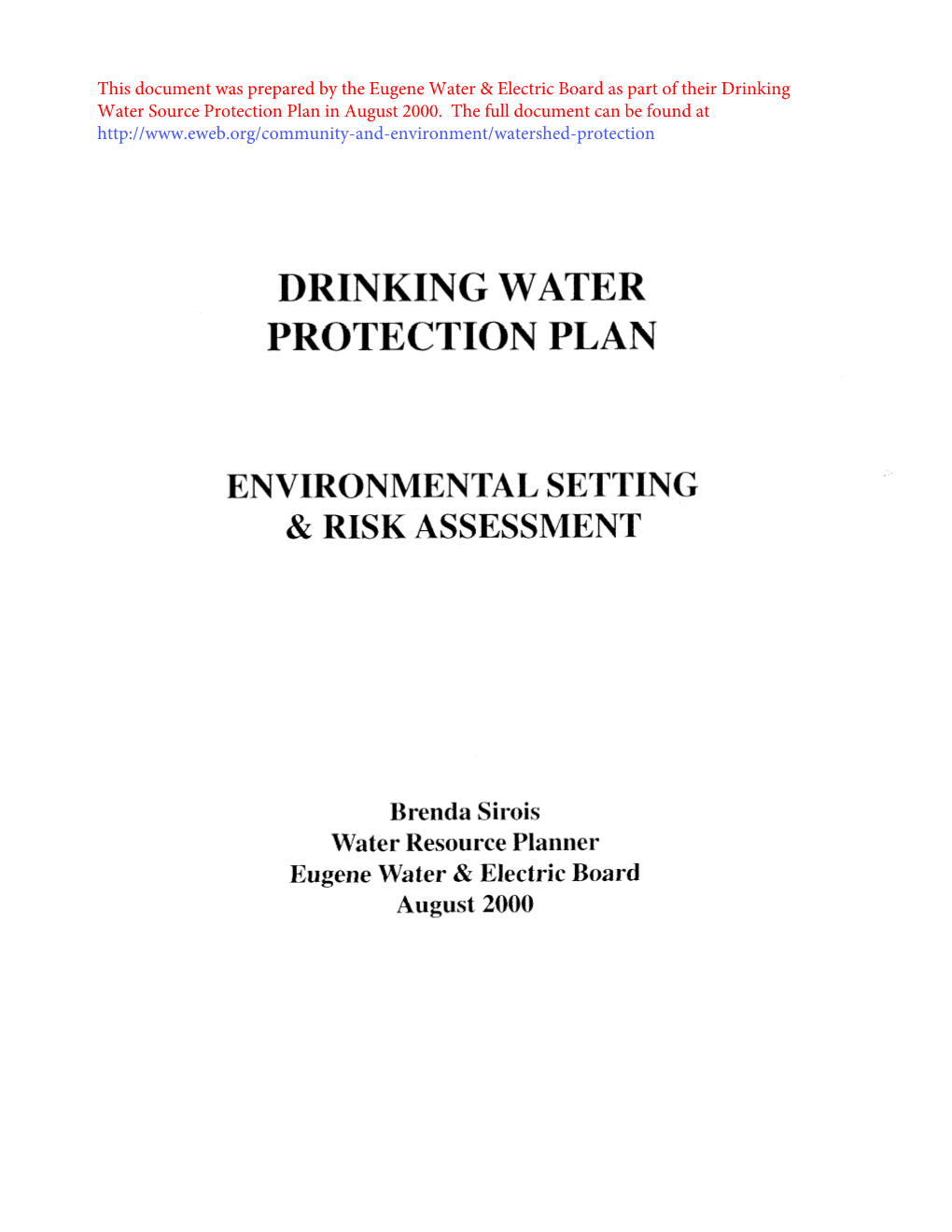 This Document Was Prepared by the Eugene Water & Electric Board As Part of Their Drinking