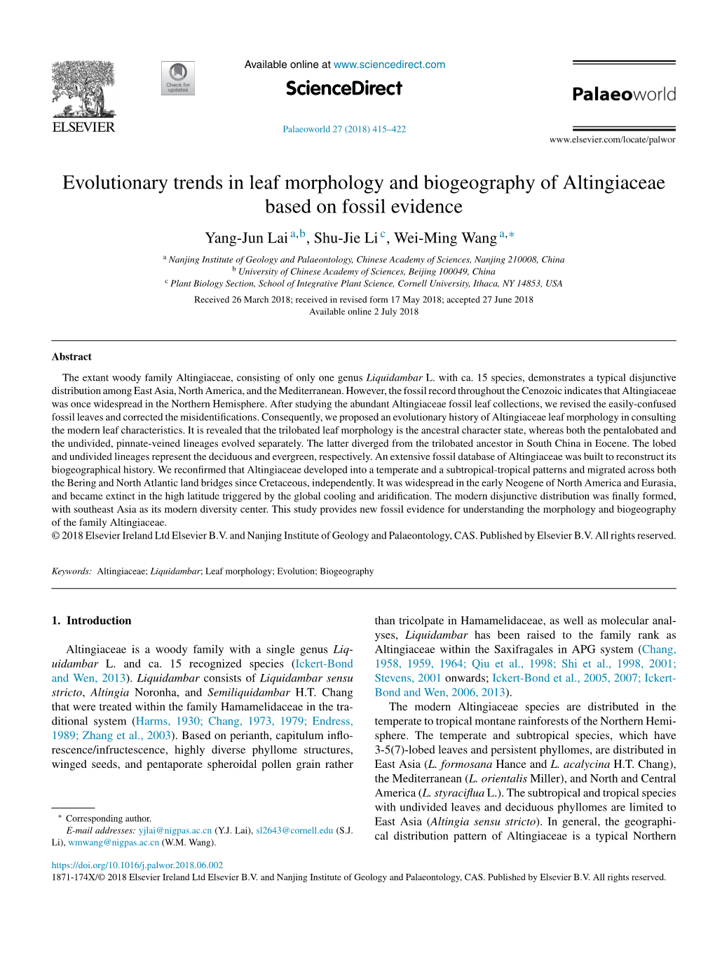 Evolutionary Trends in Leaf Morphology and Biogeography of Altingiaceae