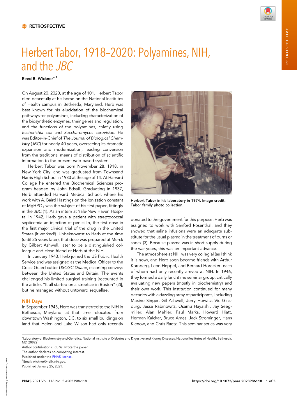 Herbert Tabor, 1918–2020: Polyamines, NIH, and the JBC Downloaded by Guest on October 2, 2021 7 H