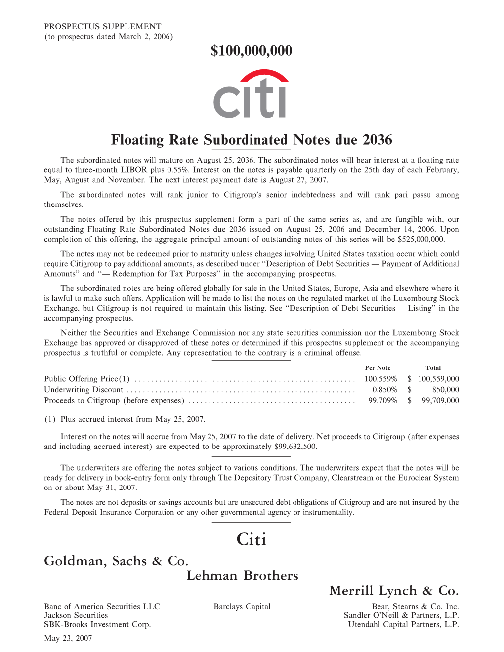 100000000 Floating Rate Subordinated Notes Due 2036