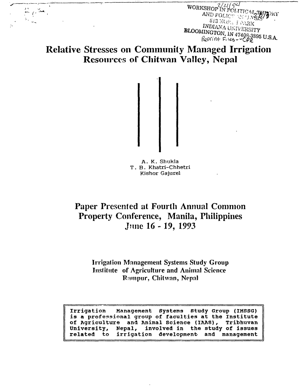 Relative Stresses on Community Managed Irrigation Resources of Chitwan Valley, Nepal