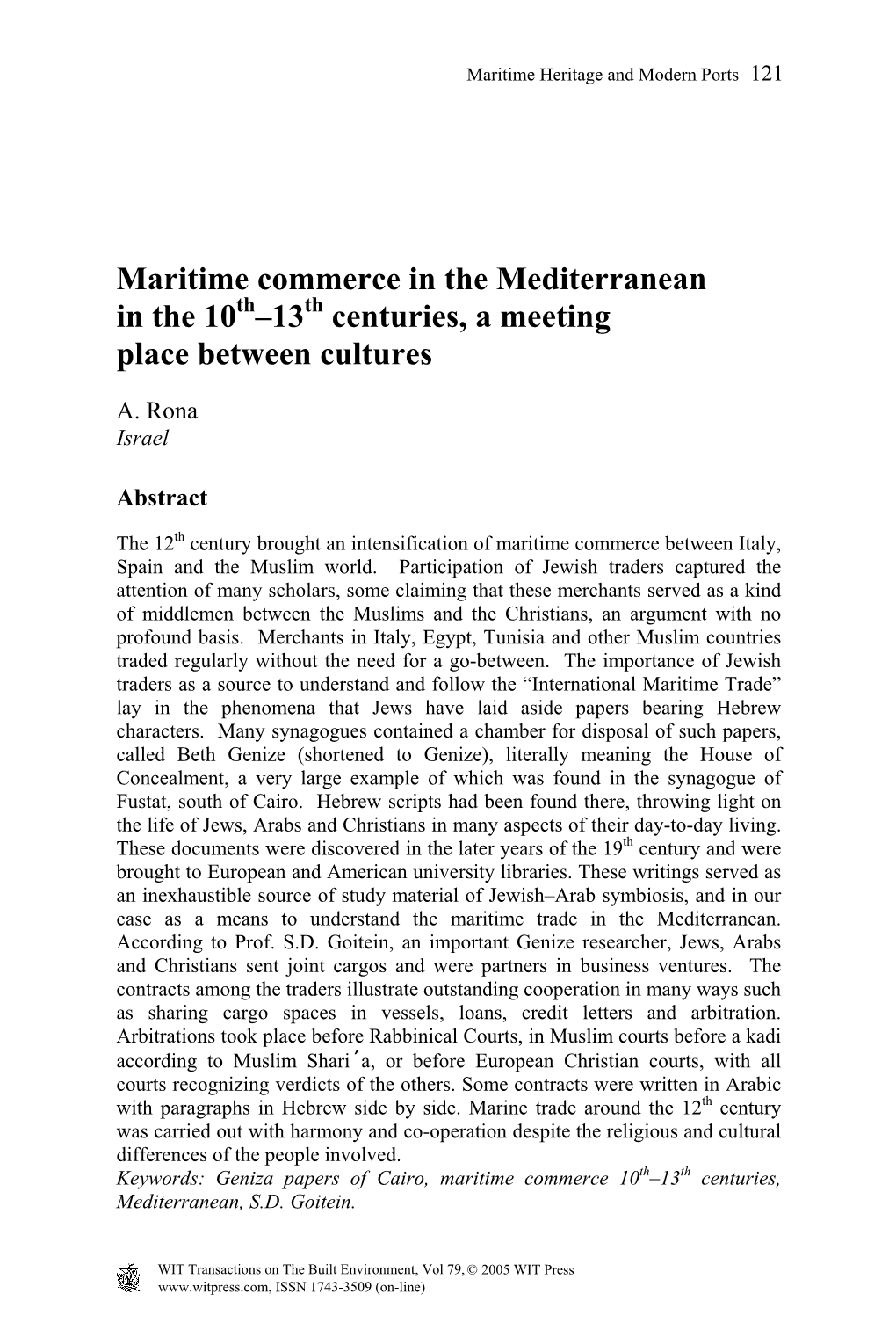 Maritime Commerce in the Mediterranean in the 10Th–13Th Centuries, a Meeting Place Between Cultures