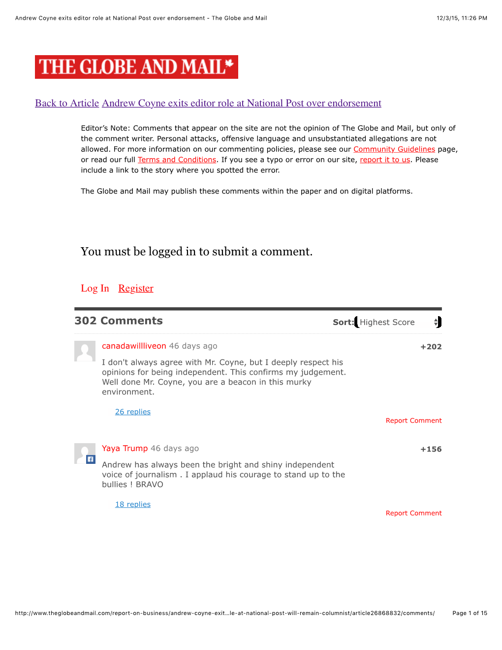 Andrew Coyne Exits Editor Role at National Post Over Endorsement - the Globe and Mail 12/3/15, 11:26 PM