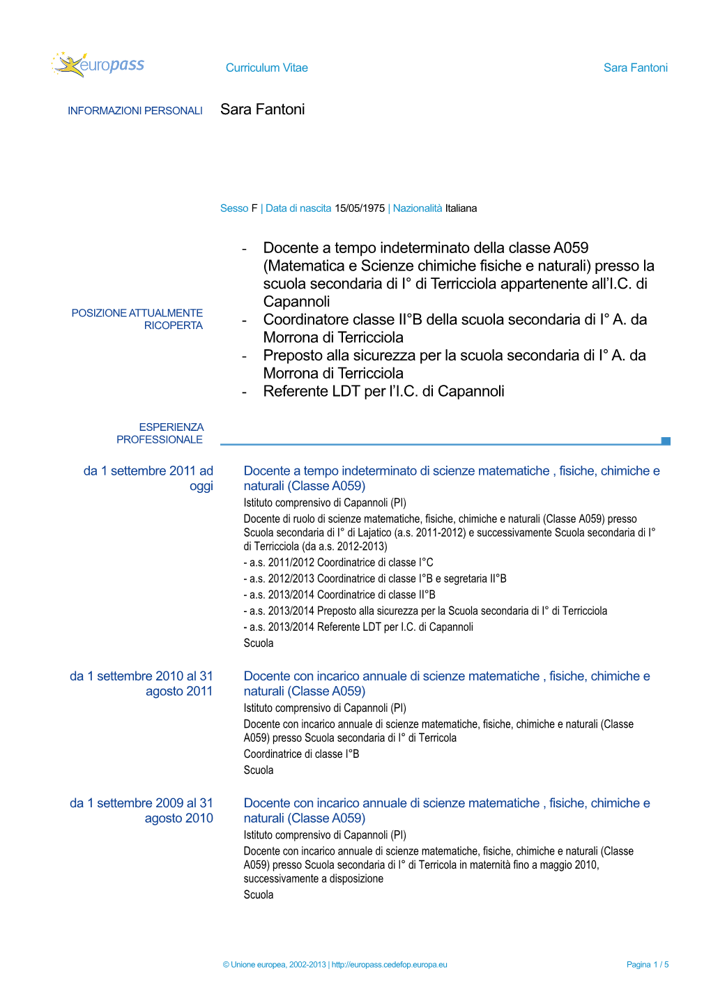 Curriculum Vitae Sara Fantoni