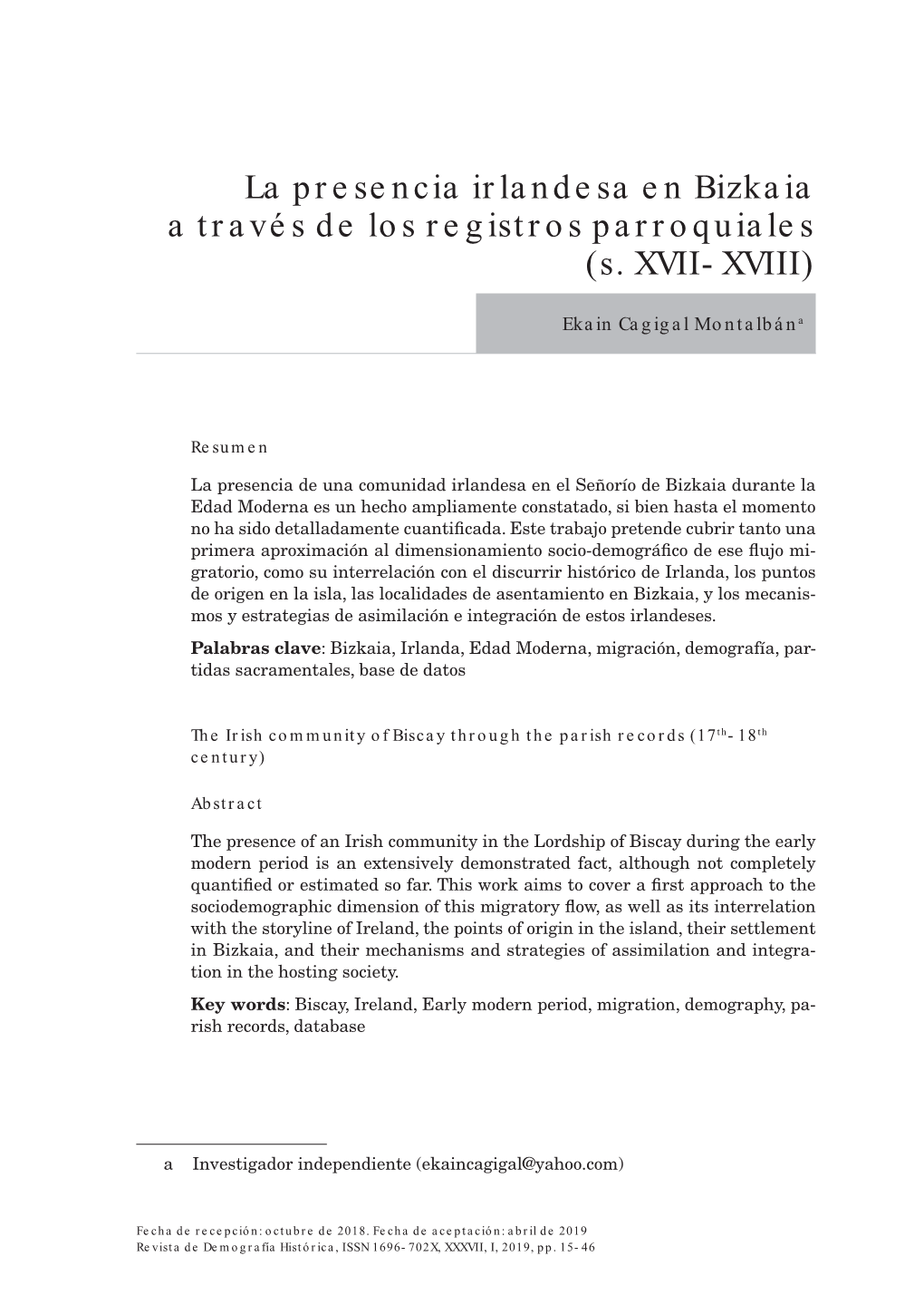 La Presencia Irlandesa En Bizkaia a Través De Los Registros Parroquiales (S