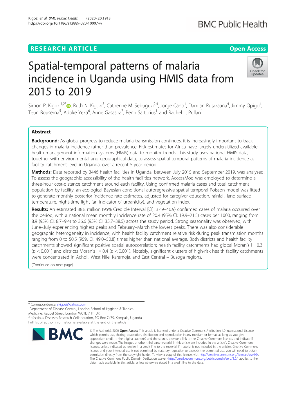 Spatial-Temporal Patterns of Malaria Incidence in Uganda Using HMIS Data from 2015 to 2019 Simon P