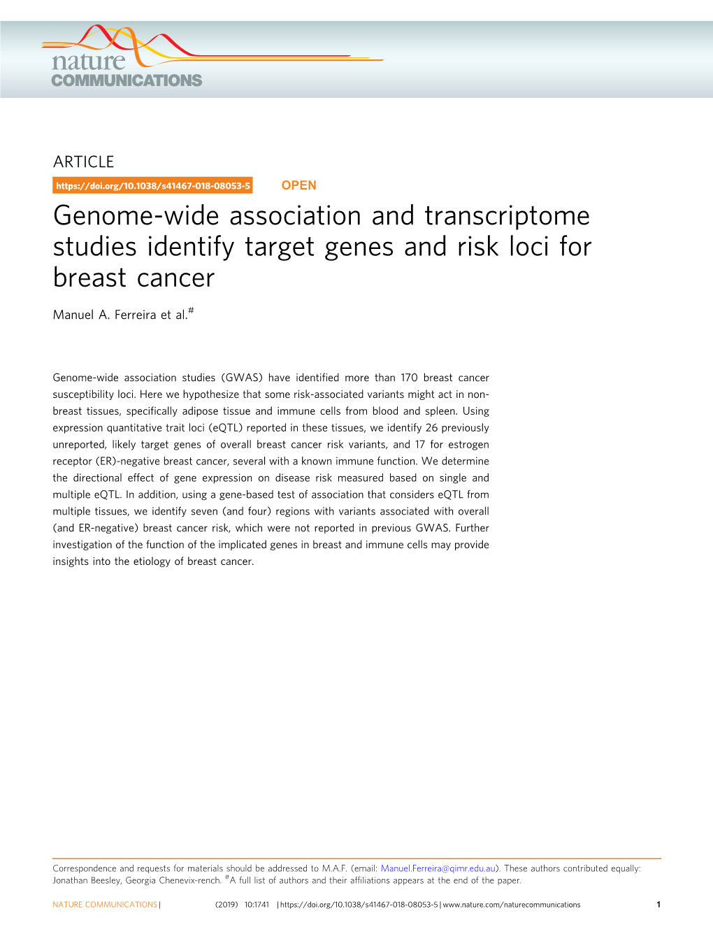 Genome-Wide Association and Transcriptome Studies Identify Target Genes and Risk Loci for Breast Cancer