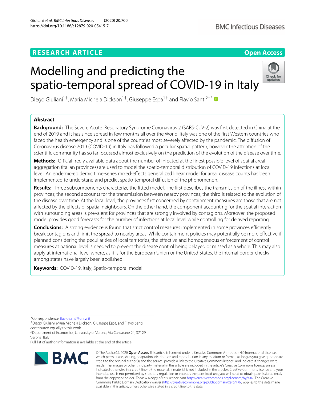 Modelling and Predicting the Spatio-Temporal Spread of COVID-19 in Italy Diego Giuliani1†, Maria Michela Dickson1†, Giuseppe Espa1† and Flavio Santi2†*