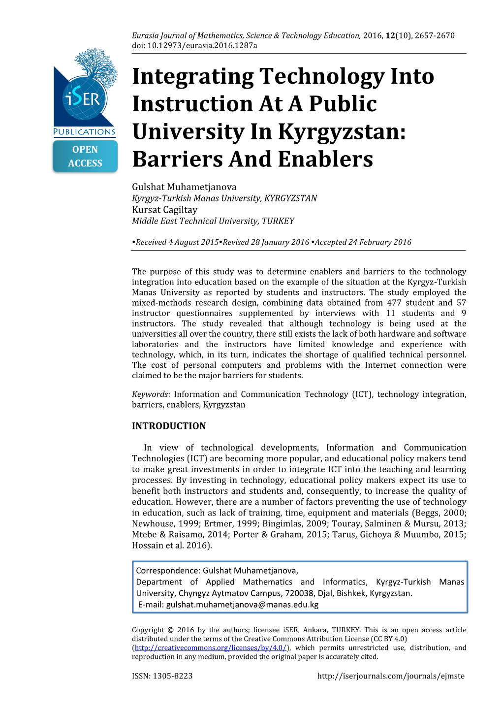 Integrating Technology Into Instruction at a Public University in Kyrgyzstan: OPEN ACCESS Barriers and Enablers