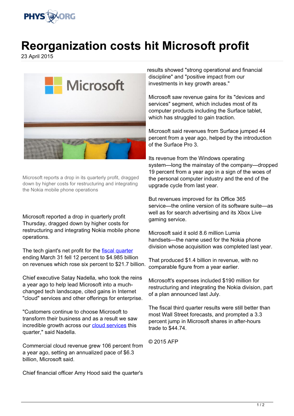 Reorganization Costs Hit Microsoft Profit 23 April 2015