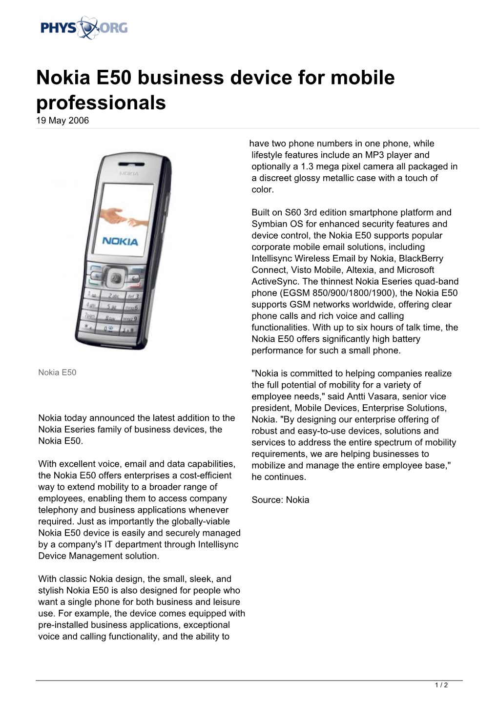Nokia E50 Business Device for Mobile Professionals 19 May 2006