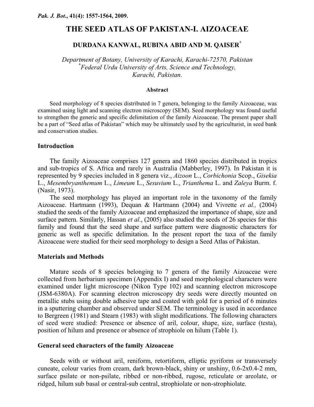 The Seed Atlas of Pakistan-I. Aizoaceae