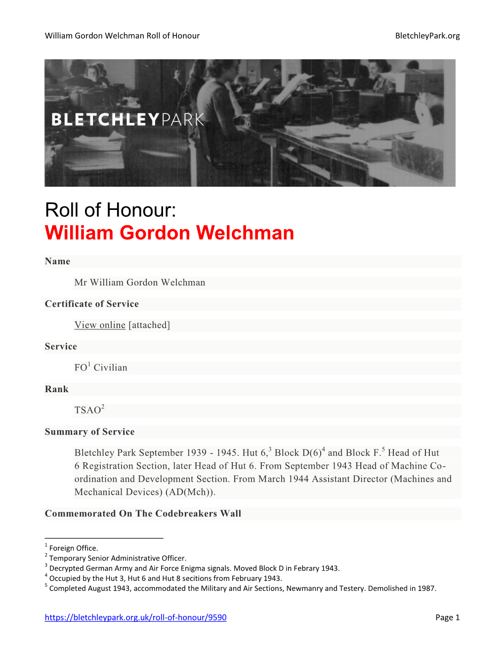 Roll of Honour: William Gordon Welchman