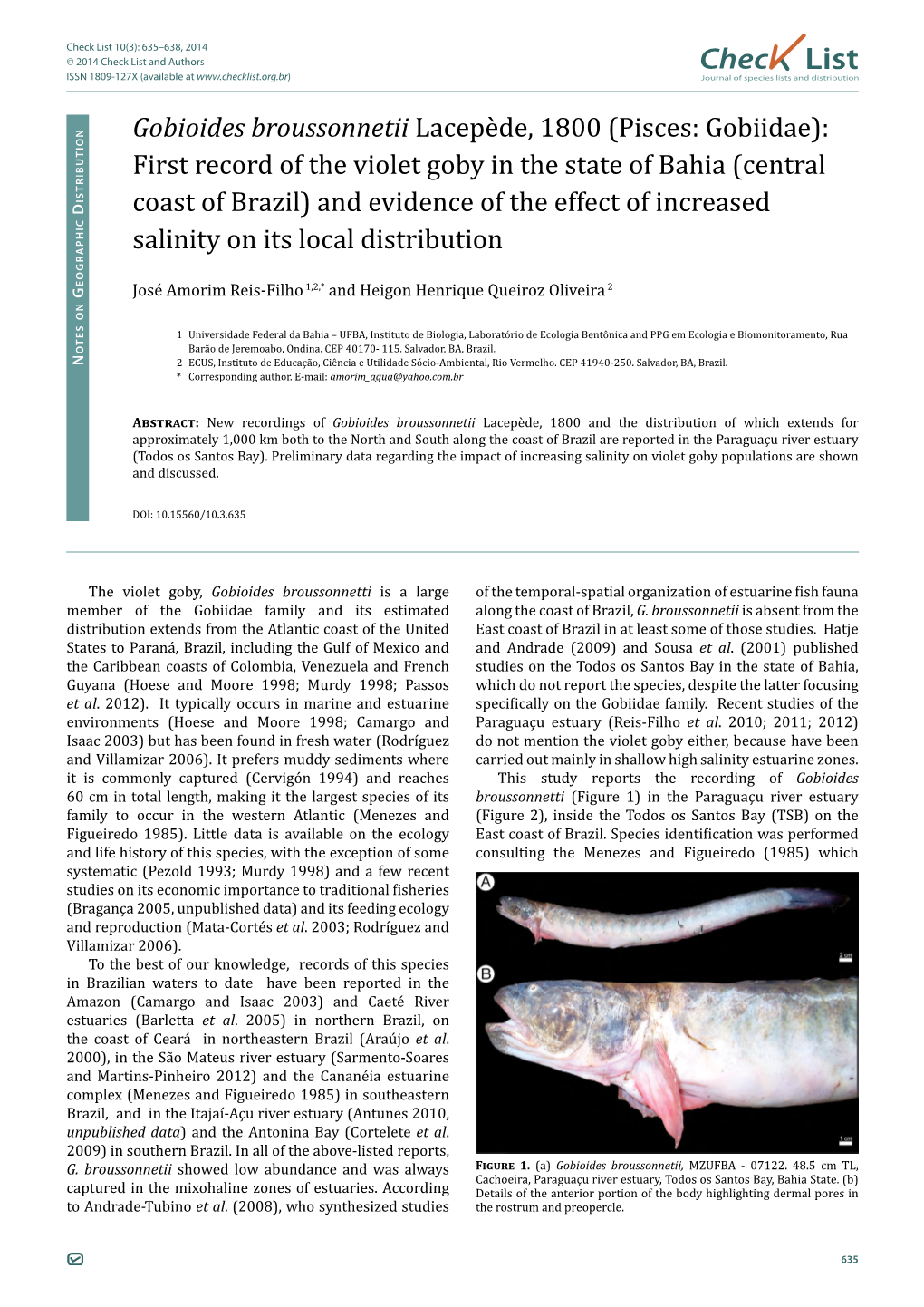 Gobioides Broussonnetii Lacepède, 1800 (Pisces: Gobiidae): First Record of the Violet Goby in the State of Bahia (Central