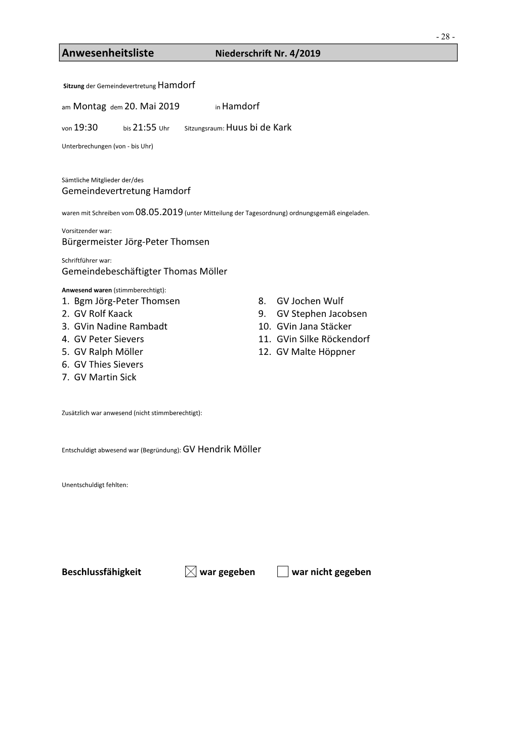 Anwesenheitsliste Niederschrift Nr