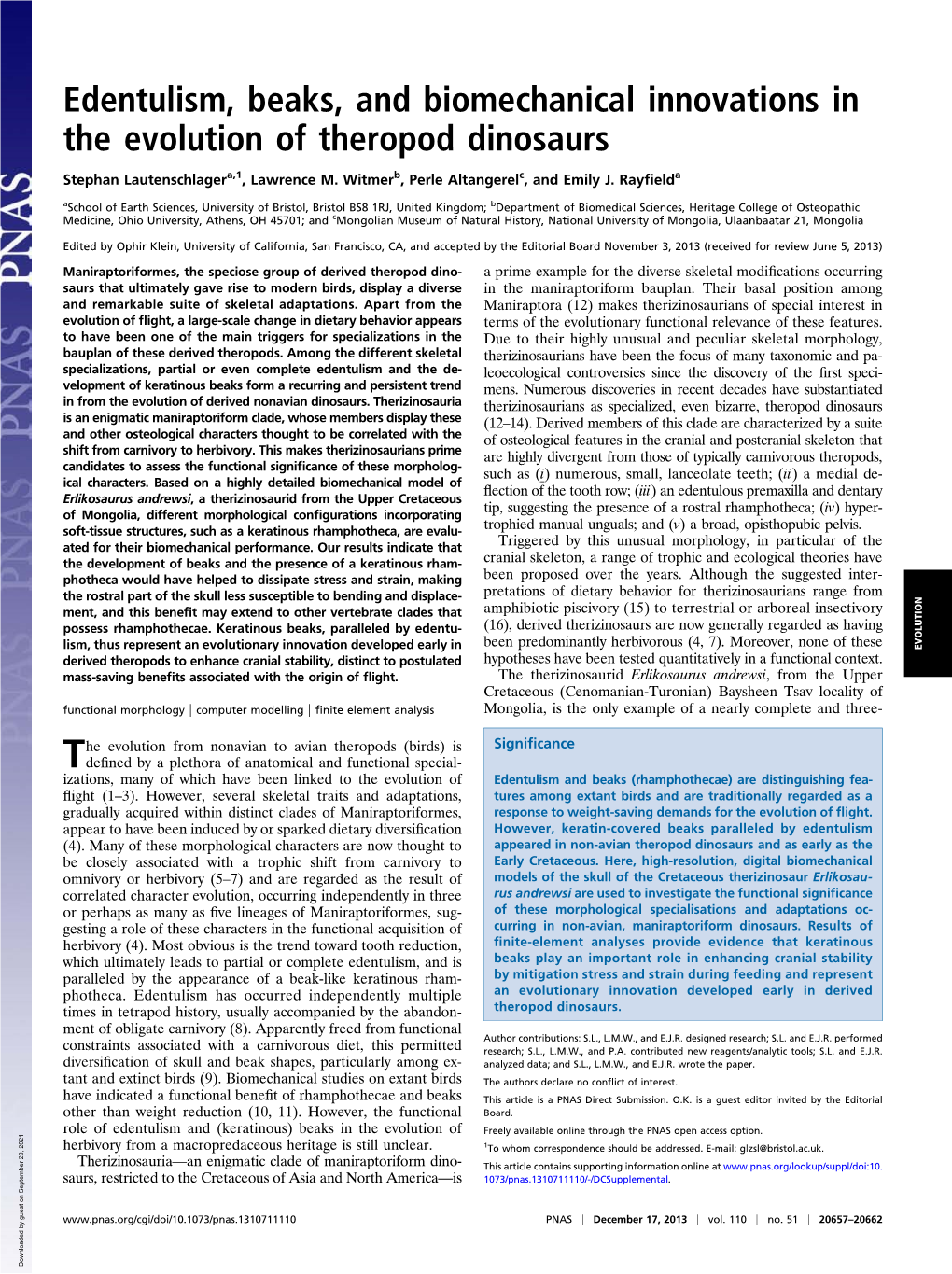 Edentulism, Beaks, and Biomechanical Innovations in the Evolution of Theropod Dinosaurs