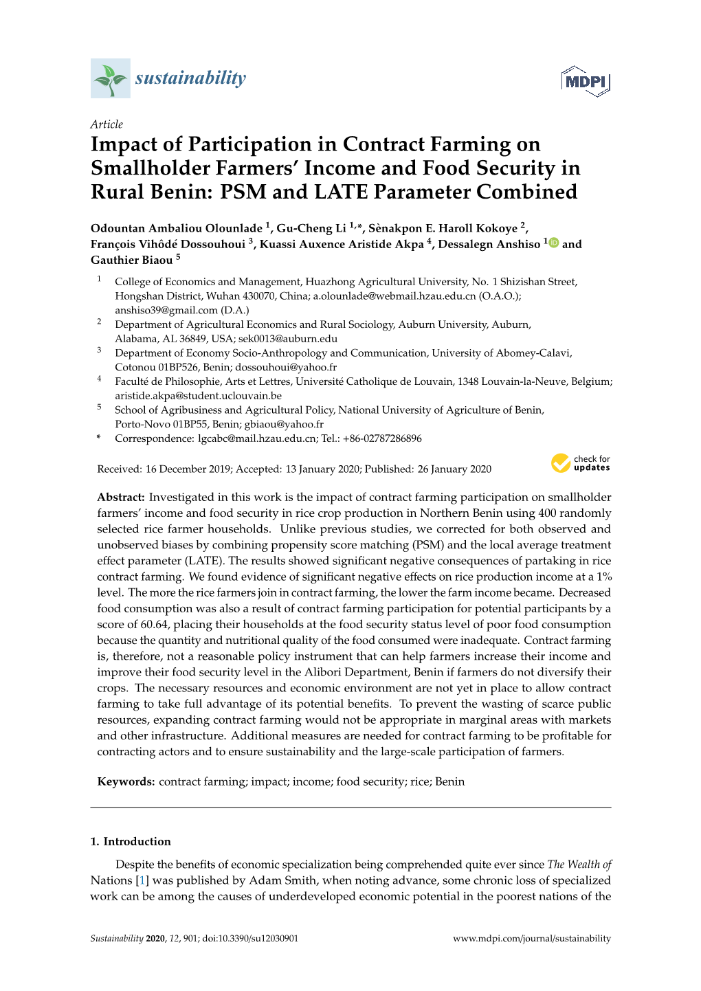 Impact of Participation in Contract Farming on Smallholder Farmers’ Income and Food Security in Rural Benin: PSM and LATE Parameter Combined