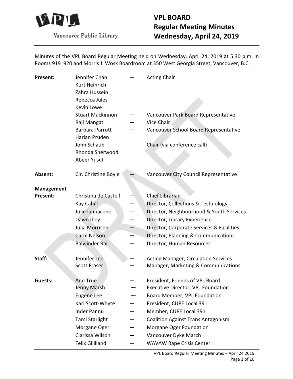 VPL BOARD Regular Meeting Minutes Wednesday, April 24, 2019