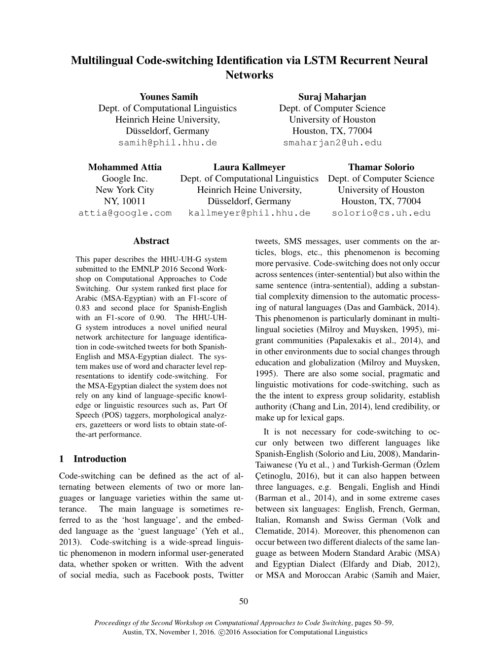 Multilingual Code-Switching Identification Via LSTM Recurrent Neural Networks