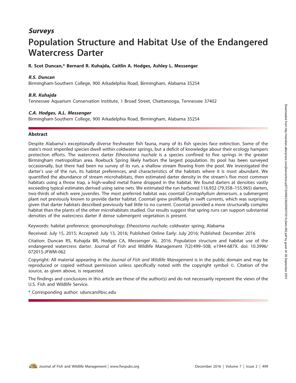 Population Structure and Habitat Use of the Endangered Watercress Darter