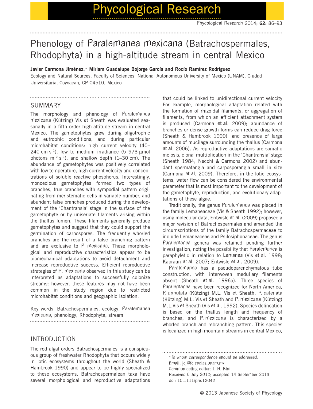 Phenology of Paralemanea Mexicana (Batrachospermales, Rhodophyta) in a High-Altitude Stream in Central Mexico