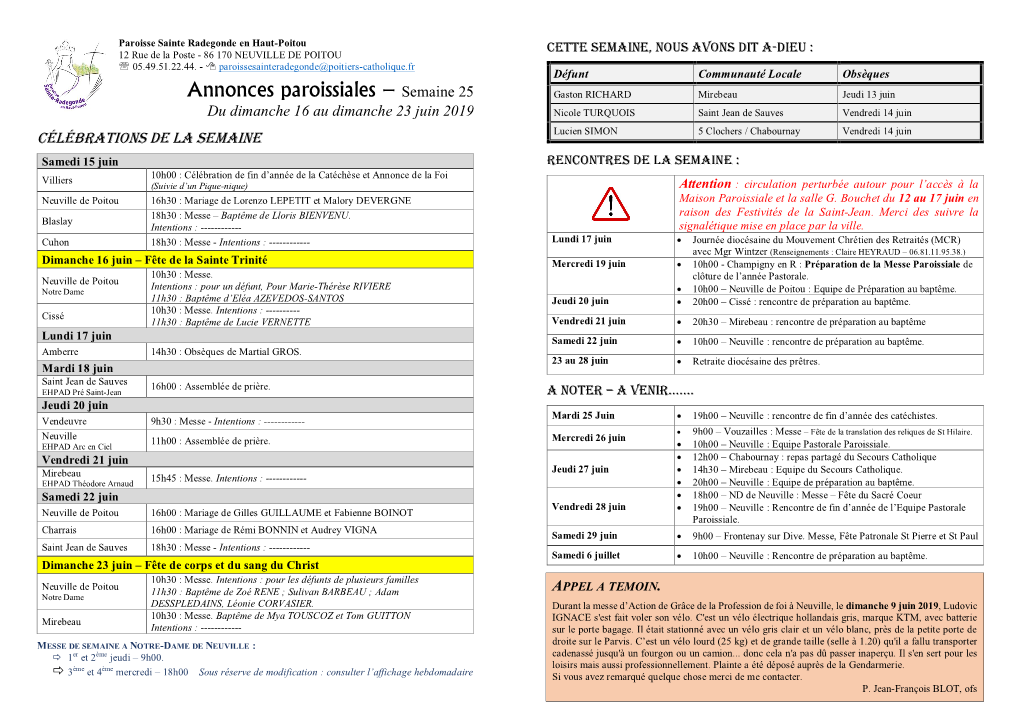 Annonces Paroissiales – Semaine 25