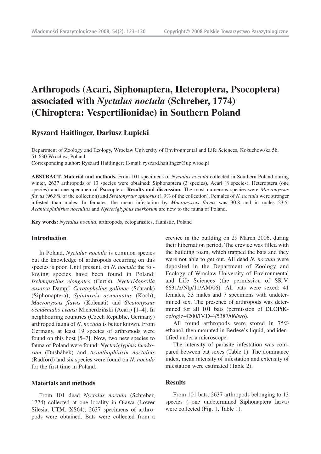 Arthropods (Acari, Siphonaptera, Heteroptera, Psocoptera) Associated with Nyctalus Noctula (Schreber, 1774) (Chiroptera: Vespertilionidae) in Southern Poland